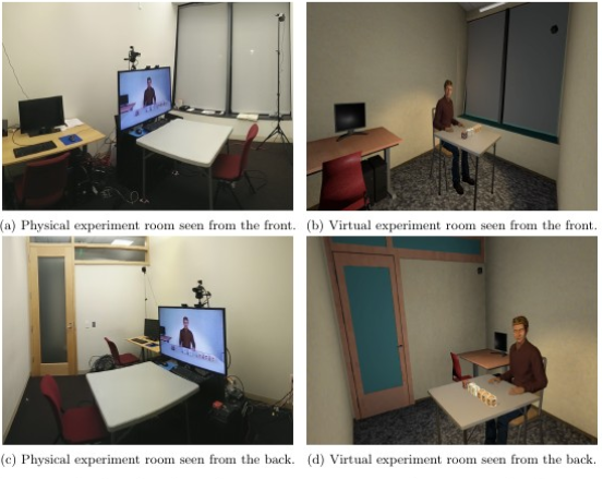 Four images (two in the upper row, two in the lower) displaying the experimental room for the Virtual Reality study.