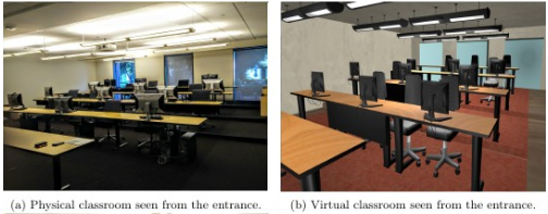 A physical room (left) and its 3D model (right) displayed side by side.