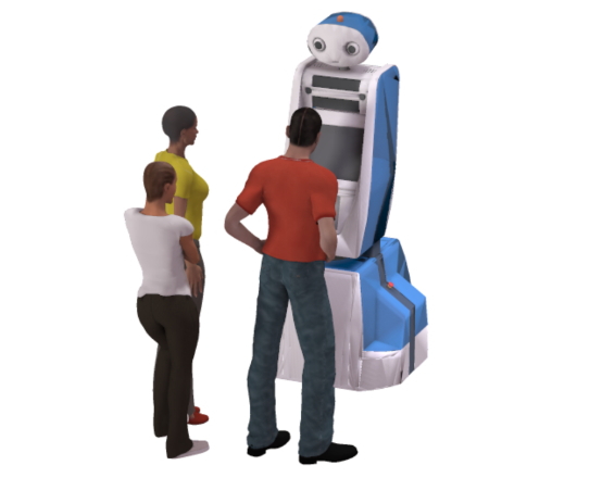 A virtual representation of a group of 3 people talking with the virtual 3D model of a Spencer robot.